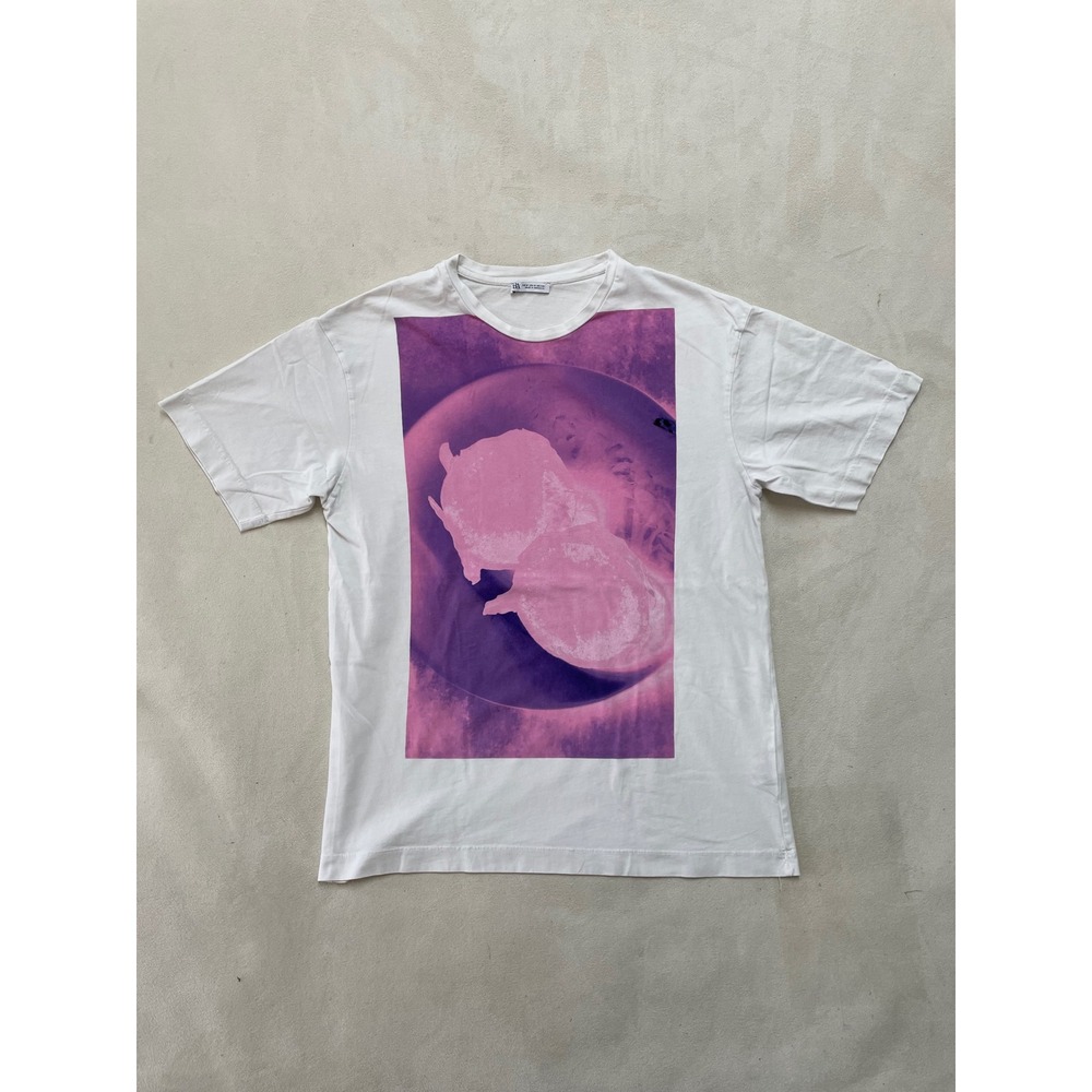 Zara Mens White Short Sleeve Graphic T-Shirt Purple Abstract Print Size M